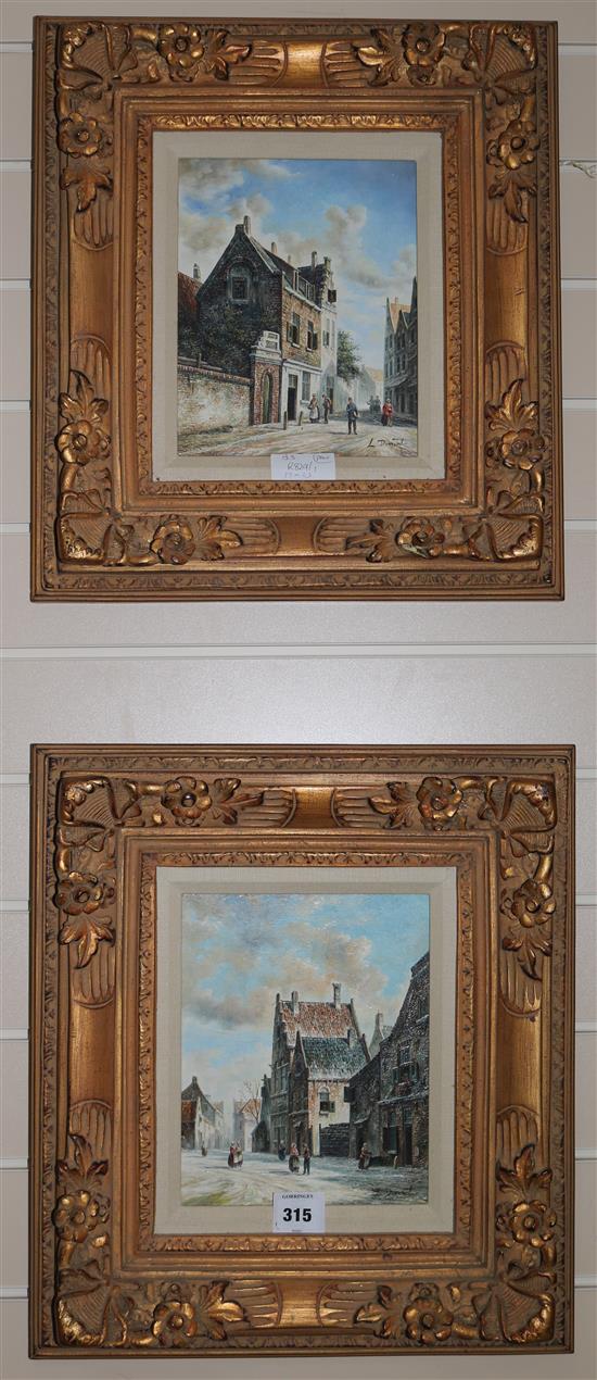 Leon Dunant, pair of oils on board, Dutch street scenes, signed, 23 x 19cm